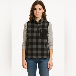 M Chaps Sport buffalo plaid black & gray fleece zip up collared vest‎ Women’s
